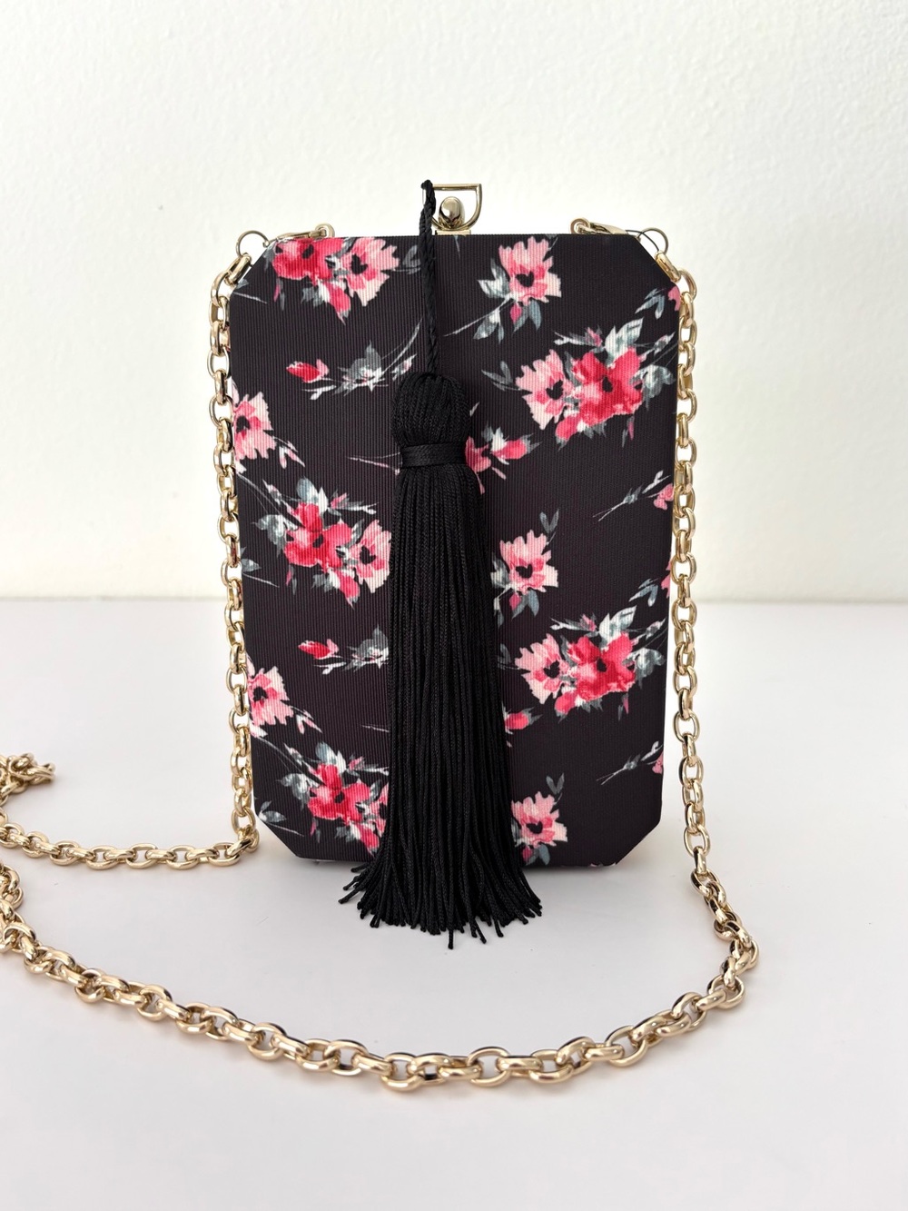 White House Black Market Black Floral Box Clutch Crossbody Bag NWT